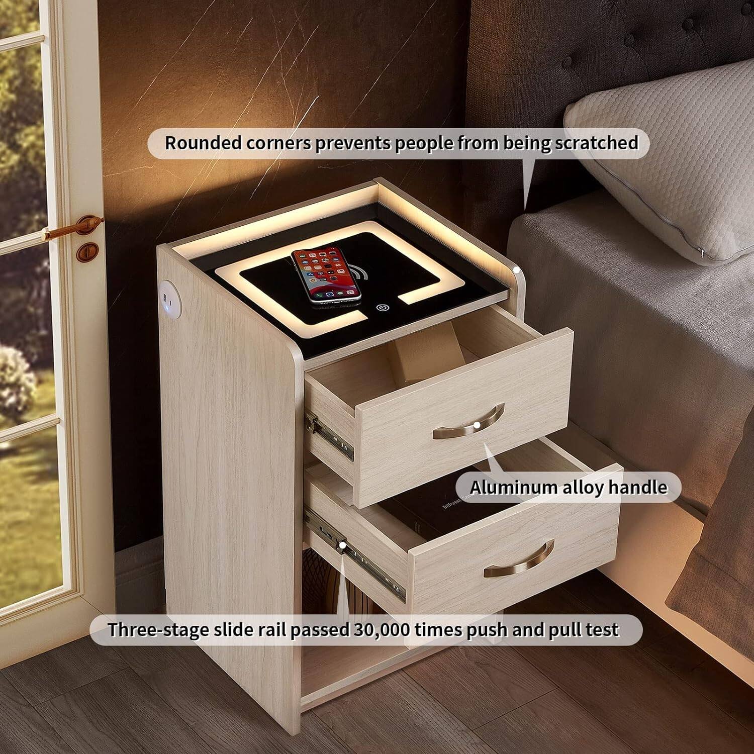Nightstand with Wireless Charging Station, Smart 13.7"D x 15.7"W x 26.5